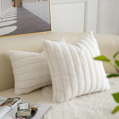 Pack of 2 Faux Fur Throw Pillow Covers 20x20 Inch Striped Decorative Soft Plush Couch Pillow Case Home Decor for Bed, Sofa, Living Room Cream White