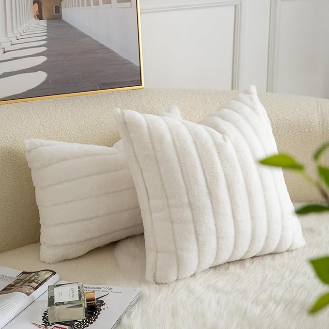 Pack of 2 Faux Fur Throw Pillow Covers 16x16 Inch Striped Decorative Soft Plush Couch Pillow Case Home Decor for Bed, Sofa, Living Room Cream White