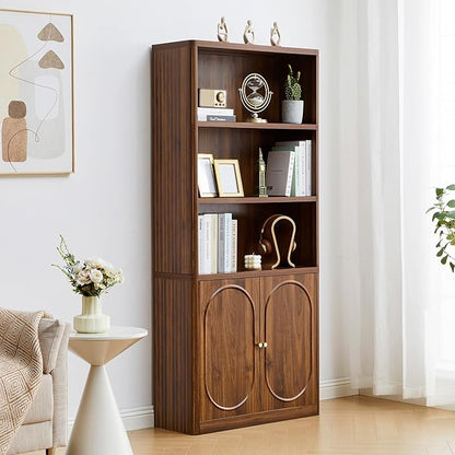 70.8" Tall Fluted Bookshelf with Storage Cabinet Set of 2, Modern 5-Tier Wood Bookcase with Open Display Storage Shelf, Gold Handles for Office Living Room (Walnut)