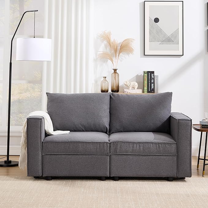 64.5 inch Loveseat, Small Modular Sectional Linen Fabric Sofa Set, Modern Convertible Comfortable Sofa Couch for Living Room/Apartment, Grey