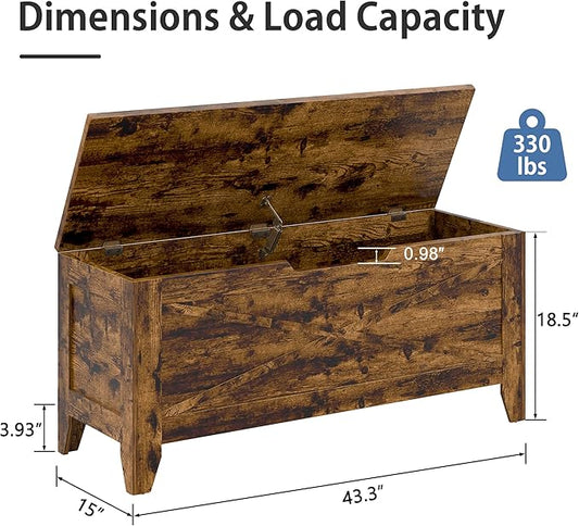 VECELO 43.3" Storage Bench, Entryway Shoe Ottoman, Farmhouse Style Bench with Handwoven Cushion and Metal Safety Hinges, for Bedroom, Living Room, Entryway, Brown
