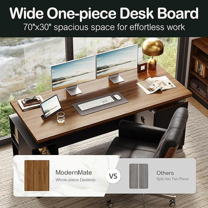 71" Standing Executive Desk with Privacy Panel, Large One-Piece Electric Height Adjustable Stand Up Desk with Charging Station, File Cabinet Storage, Home and Office, Black Walnut