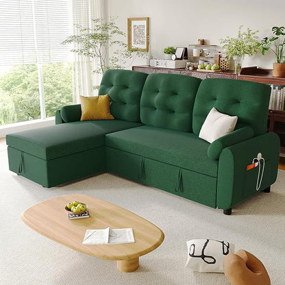 Ucloveria Sleeper Sofa Bed, 86" Convertible Sectional Sofa Couches for Living Room, Pull Out Couch Bed with Reversible Storage Chaise | USB Ports | Side Pockets | Removable Backrest