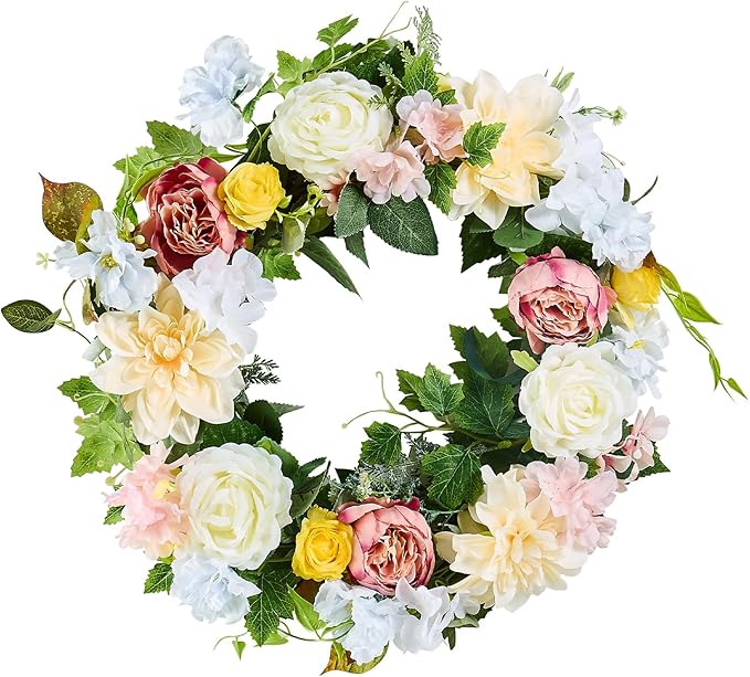 VEVOR Spring Wreath for Front Door 24 Inch - Large Artificial Flower Wreath with Hydrangea & Peony, Year-Round All Season Outdoor Indoor Door Decor