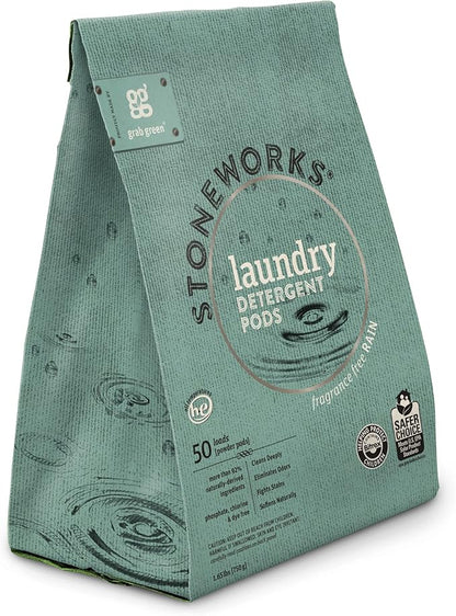 Grab Green Stoneworks Laundry Detergent Pods, 100 Count, Fragrance Free Rain Scent, Plant and Mineral Based, Cleans Deeply, Eliminates Odors, Fights Stains