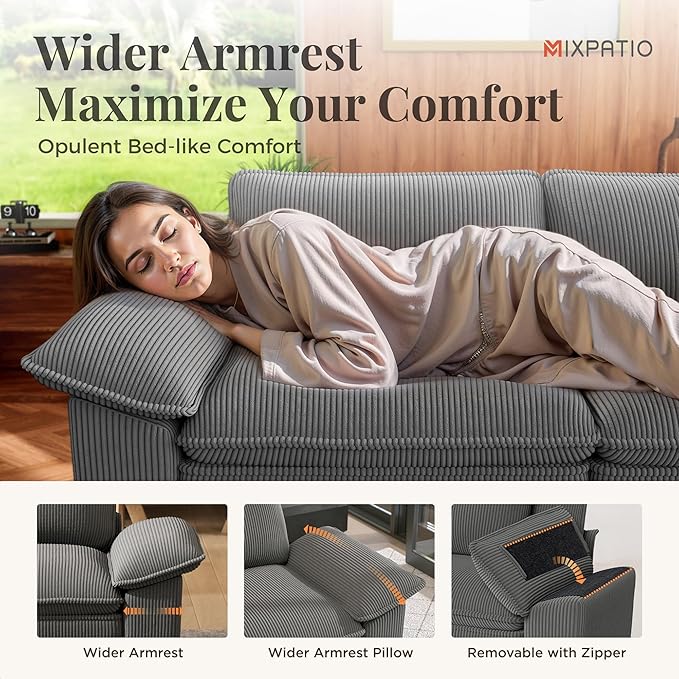 157-Inch U Shaped Sectional Sofa with Cloud Cushions, Deep Seat Modular Couch Set w/ 6 Seats & 2 Ottomans, Removable Arms, Plush Corduroy Upholstery for Living Room, Apartment - Gray