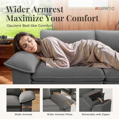 87" Cloud Modular Sectional Loveseat, 2-Seater w/Deep Seat & Removable Arms, Plush Corduroy for Small Living Room & Apartment - Gray
