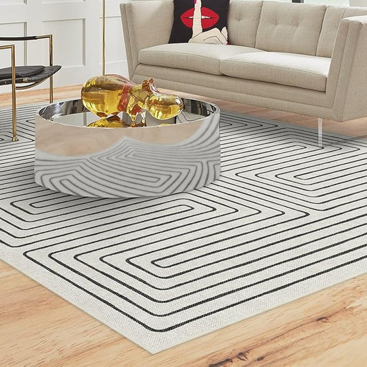 RUGGABLE x Jonathan Adler Machine Washable Modern Area Rug – Labyrinth Black/Ivory 6x9, Stain-Resistant, Non-Slip – Medium Rugs for Living Room, Bedroom, Hallway, Entryway & Office–with Cushioned Pad