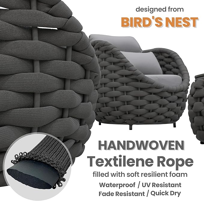 3 Pieces Woven Rope Patio Furniture Sofa Sets: Aluminum Outdoor Conversation Set of 2 - Assembled Modern Cushions Couch Armchair Table Set - All Weather for Indoor Deck Porch Pool Hotel
