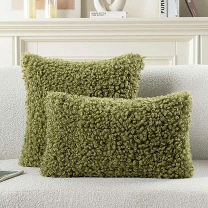 FUTEI Olive Green Decorative Throw Pillow Covers 20x20 Inch Set of 2,Soft Fluffy Faux Wool Fur Boucle Textured Cushion Case,Modern Home Decor for Couch Bed Living Room Office