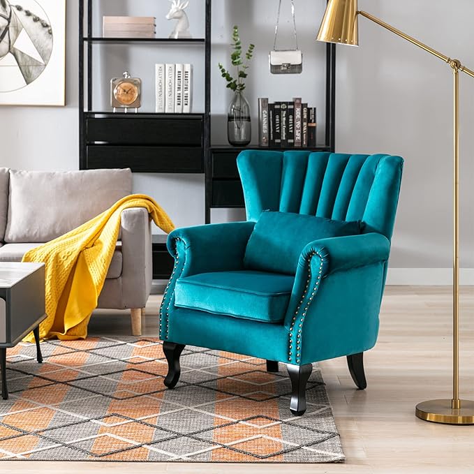 Accent Reading Arm Chairs Midcentury Modern Comfy Corner Sofa Chair, Wingback Waiting Room Club Chair with Tufted Back for Living Room/Bedroom/Reception Room, Velvet Teal