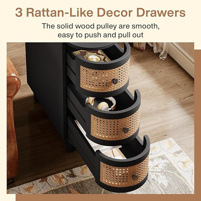Tribesigns Solid Wood End Table Set of 2, 3-Drawer Rattan Side Table, Night Stand with 3 Rattan Drawers and Exquisite Embossed Handles for Living Room, No Assembly Required (Black & Oak)