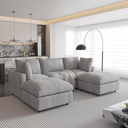 WJShome 100 Inch U Shaped Modern Sofa Modular Sectional Cloud Couch with 2 Ottoman, 4-Seat Chenille Deep Seat Couches for Living Room, Bedroom and Apartment，Gray