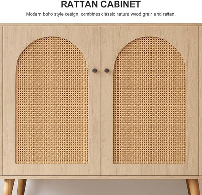 Rattan Storage Cabinet, 2-Door Boho Sideboard in Oak, Adjustable Shelf, Elegant Rattan Buffet Cabinet with Storage for Stylish Home Organization 31.5" Oak Set 2