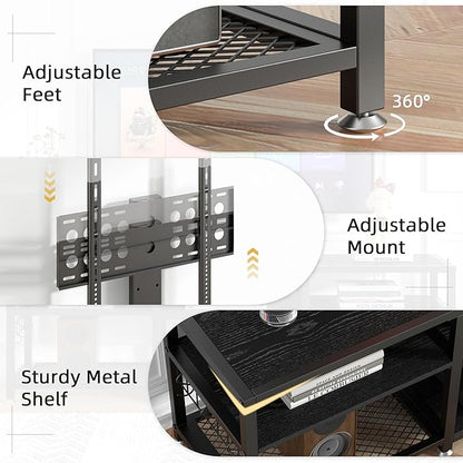 VECELO 63" TV Stand with Mount and Power Outlets, Entertainment Center Console with Open Storage Shelves, Height Adjustable Mount up to 75”, Wooden Table and Metal Frame for Living Room, Modern Black