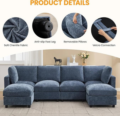 4-Seater Modular Sectional Cloud Sofa with 2 Ottomans, U-Shaped Couch for Living Room, Modern Deep Seat Sofa with Soft Back Cushions, Chenille Blue