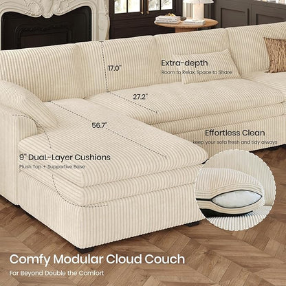 Belffin Large Modular Sectional Sofa with Double Deep Chaise, 135" Corduroy U Shaped Sectional Couch with 9" Soft Dual-Layer 6 Seats U Shaped Couch for Living Room, Apartment, Beige