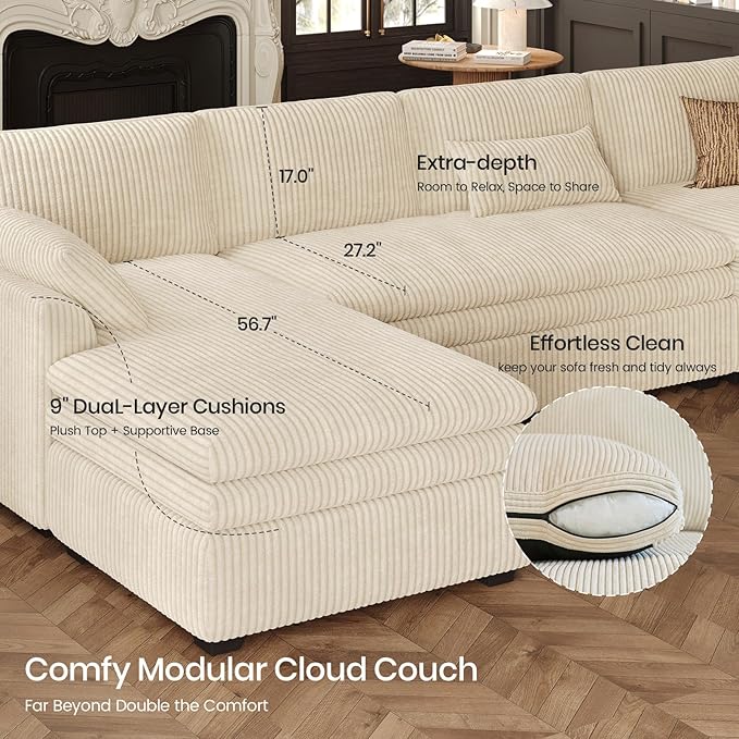 Belffin Large Modular Sectional Sofa with Double Deep Chaise, 104" Corduroy U Shaped Couch with 9" Soft Dual-Layer Seats Cushion Sectional Couches for Living Room, Apartment, Beige