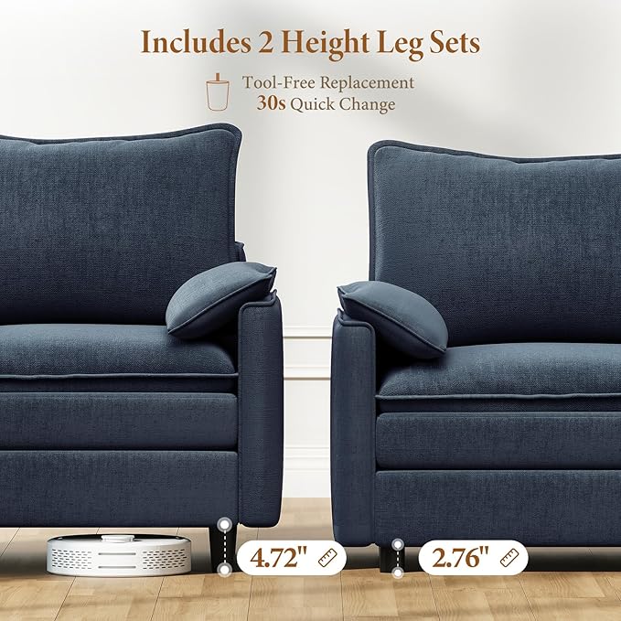 Vesgantti 108" Sectional Sleeper Sofa, 6-Seater Oversized Modular Cloud Couch with Movable Ottoman, Chenille Large Sofa Bed Convertible Deep Seat Couches for Living Room, Bedroom and Apartment, Blue