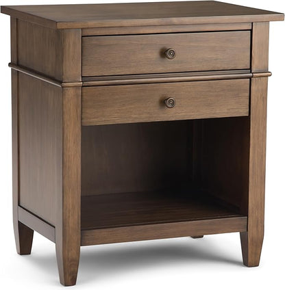 SIMPLIHOME Carlton Bedside Table - 24 inch Wide Solid Wood Nightstand Table in Rustic Natural Aged Brown, Transitional Bedroom Side or End Table with 2 Drawers, Open Storage Shelf and Bronze Hardware