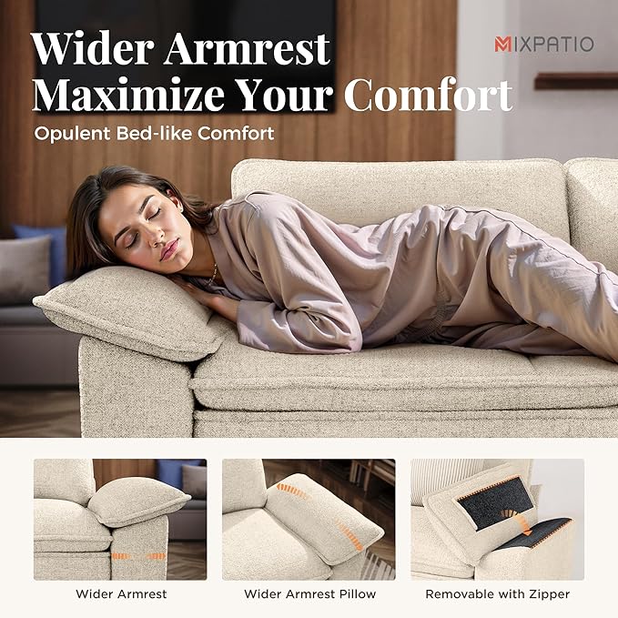 L-Shaped Cloud Modular Sofa Set with Chaise, Deep Seat 3-Piece Sectional & Removable Arms, Plush Chenille for Living Room - Beige