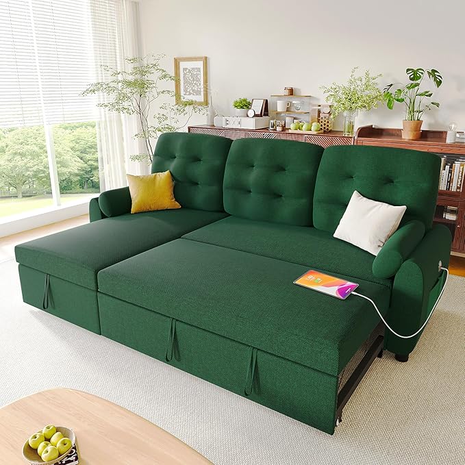 Ucloveria Sleeper Sofa Bed, 86" Convertible Sectional Sofa Couches for Living Room, Pull Out Couch Bed with Reversible Storage Chaise | USB Ports | Side Pockets | Removable Backrest