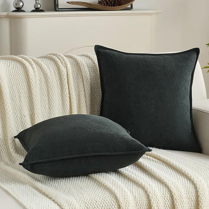 FUTEI Black Chenille Throw Pillow Covers 24x24 Inch Set of 2,Edges Double-Stitched European Cushion Cases,Modern Home Decor for Couch Living Room