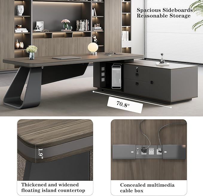 L Shaped Executive Desk, 102.4 inch Large Executive Computer Desk Set Drawers and Lockable, Power Socket and USB Port Storage, Without Display Racks and Bookshelves