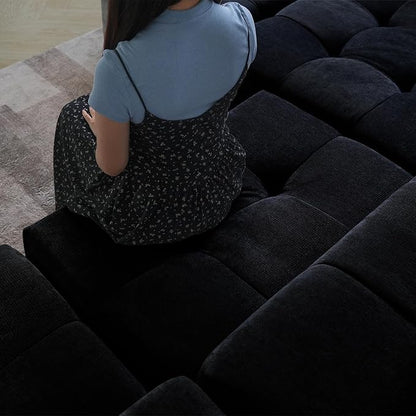 WJShome 119" L Shaped Sectional Couch,Modern Modular Sofa with Ottoman,Linen Deep Loveseat with Pillows Couches for Living Room, Bedroom and Apartment,Black