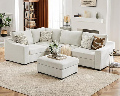 ABCASA 112" Modular Sectional Sofa, Large 5 Seater L Shaped Couch with Detachable Sofa Cover, Movable Ottoman, Deep Seat Corner Couch for Living Room, Apartment - Linen Fabric, Ivory