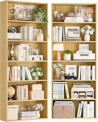 FOTOSOK 70.8" Tall Bookcase Shelf, 6 Tier Wide Bookshelf with Storage, Billy Bookcase Set of 2, Large Bookshelf for Living Room, Home Office, Natural