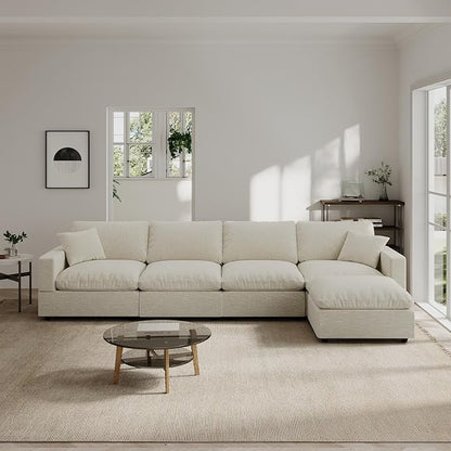 Modern Sectional Linen Couch for Living Room L-Shape Sofas,5 Seat Modular Cloud Sofas,Couches Cushion Covers Removable,Cozy Feather Down Sofa for Apartment Beige