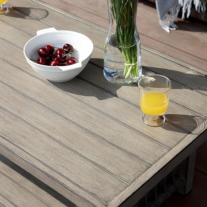 Outdoor Coffee Table, Aluminum Rope Weave Patio Coffee Table, Weatherproof Outside 2-Tier Rectangle Outdoor Patio Furniture for Garden, Pool, Outside, Decks, Gray Oak