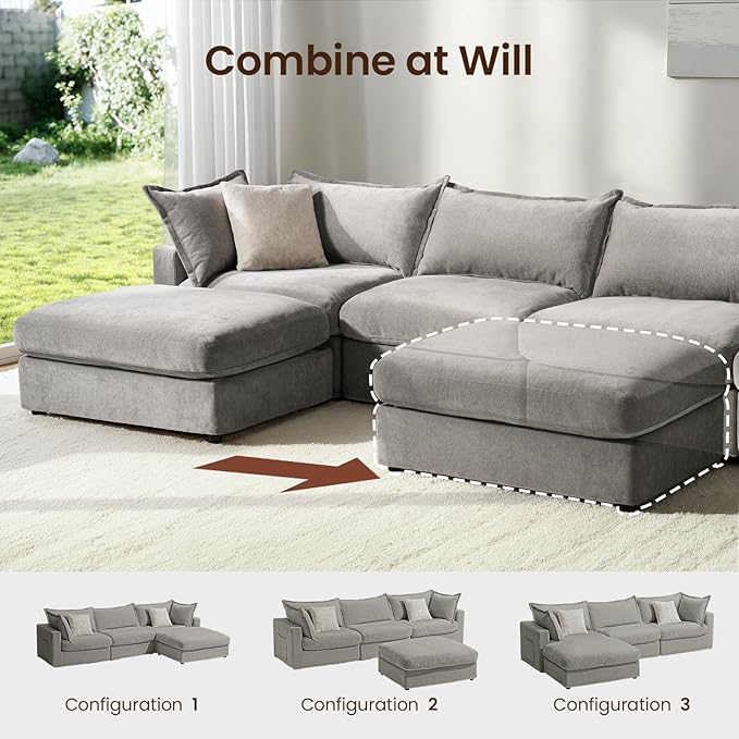 118.5" Down Filled Cloud Couch, Chenille Modular Sectional Sofa with Storage Ottoman, 3-Seater L Shape Sofa with Throw Pillows, Mordern Sectional Couches for Living Room, Light Grey