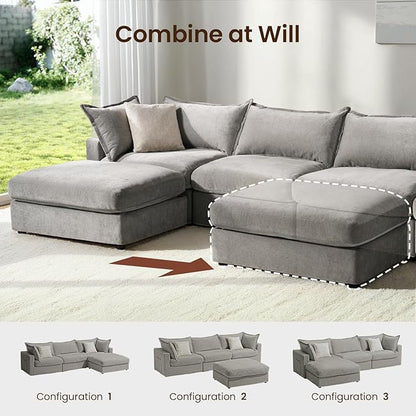 118.5" Down Filled Cloud Couch, Chenille Modular Sectional Sofa with Storage Ottoman, 3-Seater L Shape Sofa with Throw Pillows, Mordern Sectional Couches for Living Room, Light Grey