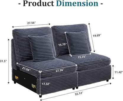 Modern Middle Armless Sofa Seat Set of 2 for Modular Sectional Couch for Living Room-Blue Grey