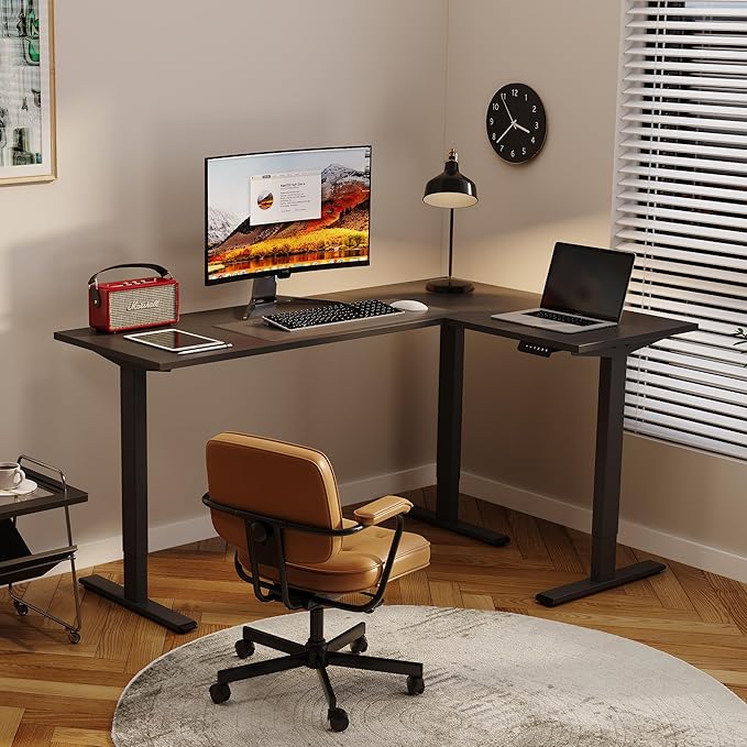 SANODESK Electric Height Adjustable 3-Leg L Shaped Standing Desk Frame, Support up to 220lbs, Sit Stand Ergonomic L Desk Frame Only, Black