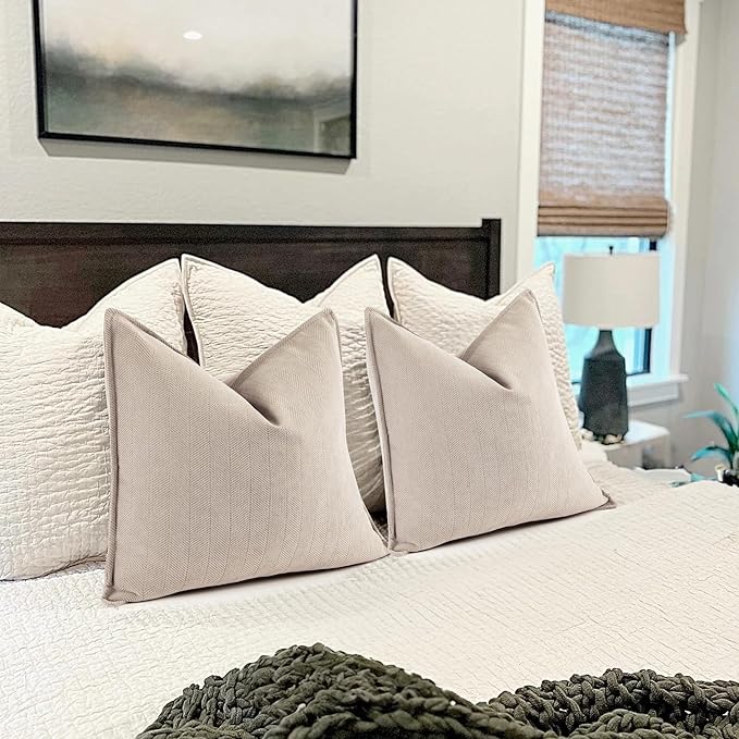 ZWJD Beige Pillow Covers 24x24 Set of 2 Chenille Throw Pillow Covers with Elegant Design Soft and Luxurious Decorative Throw Pillows for Couch, Bed, and Home Decor