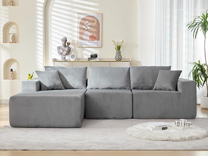 107" Cloud Sectional Couch, Modular Sectional Sofa with L-Shape Chaise, Corduroy Boneless Couch with Deep Seat, Upholstered Sofa for Living Room, No Assembly Required(Left-Facing Chaise, Dark Grey)