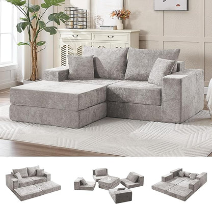 79" Boneless Loveseat Sofa Couch, Modular Foldable Floor Cloud Sofa with Ottoman, Lounge Convertible Sofa Bed for Living Room, No Assembly, Chenille Light Grey