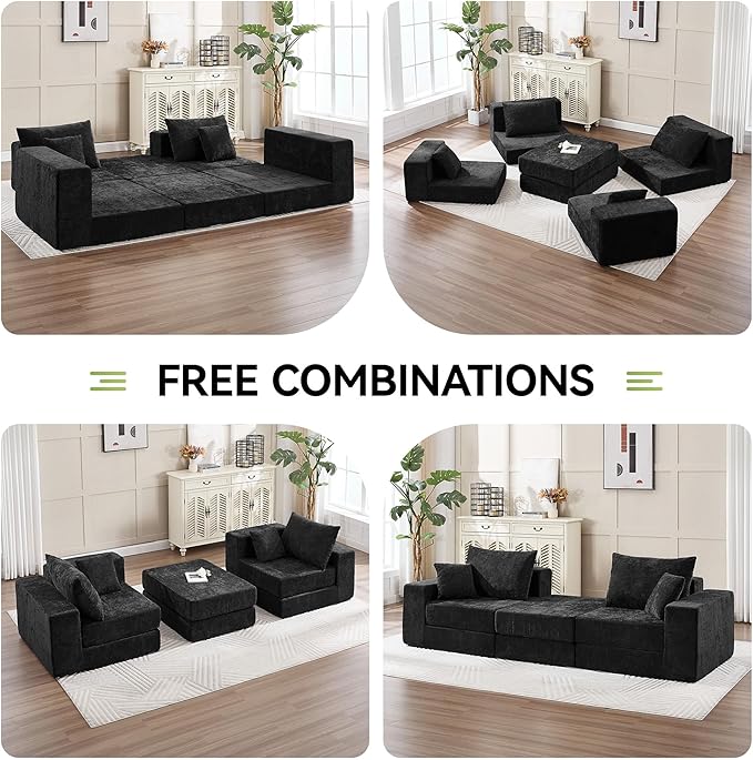 79" Boneless Cloud Loveseat Sofa Couch, Modular Foldable Floor Sofa with Ottoman, Chenille Lounge Convertible Sofa Bed for Living Room, No Assembly, Black