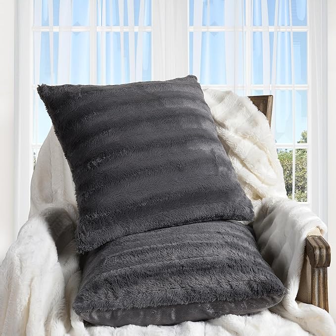 Cheer Collection Faux Fur Throw Pillows - Decorative Pillows for Couch, Bed Throw Pillows, Grey Accent Pillows for Bedroom or Living Room Aesthetic, Set of 2 Furry Throw Pillows, 24" x 24"