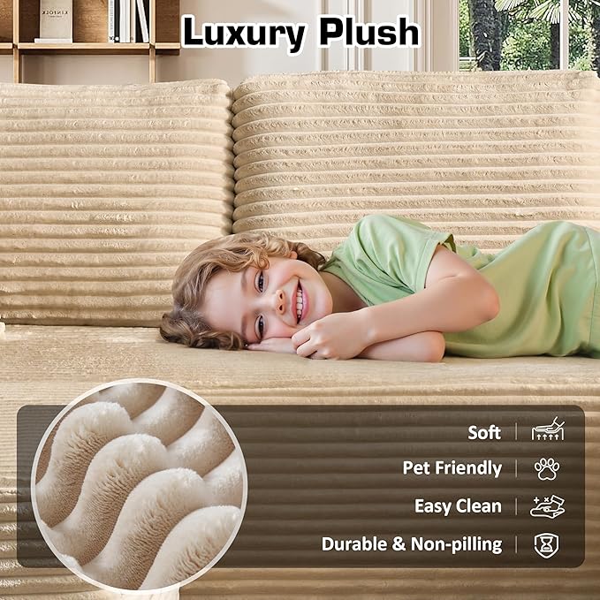 133.1'' Boneless Sectional Couches for Living Room, Oversized Cloud Couch with Chaise & Ottoman, Modular Sofa Sets Deep Seat Plush Corduroy, No Assembly Required,Plush Corduroy,Beige