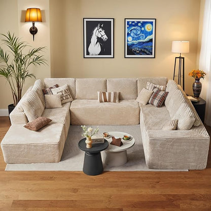 Weaxty Cloud Sectional Couch for Living Room, Oversized L Shaped Boneless Couches, Plush Corduroy Memory Foam Deep Seat Floor Sofa, No Assembly Required，Beige