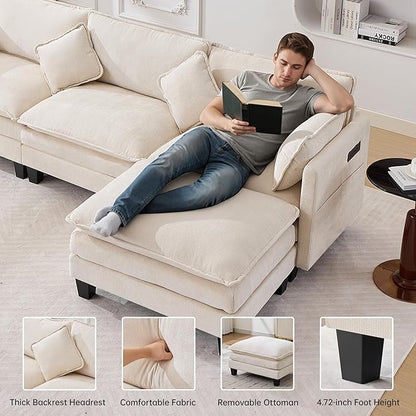 108" Modern L-Shaped Sectional Sofa with USB & Type-c Port Charger, Modular Cloud Couch, Deep Seating Chenille Fabric 4-Seater with Ottoman and Pillows for Living Room (Beige)