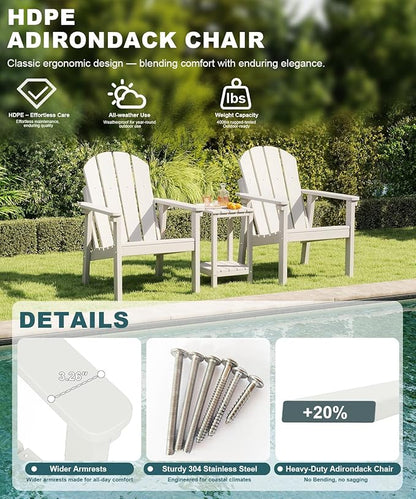 Adirondack Chair Set of 4, All Weather HDPE Fire Pit Chairs, Oversized Plastic Adirondack Chair for Outdoor, Balcony, Deck, Backyard, Patio, Garden, Poolside, Lawn White