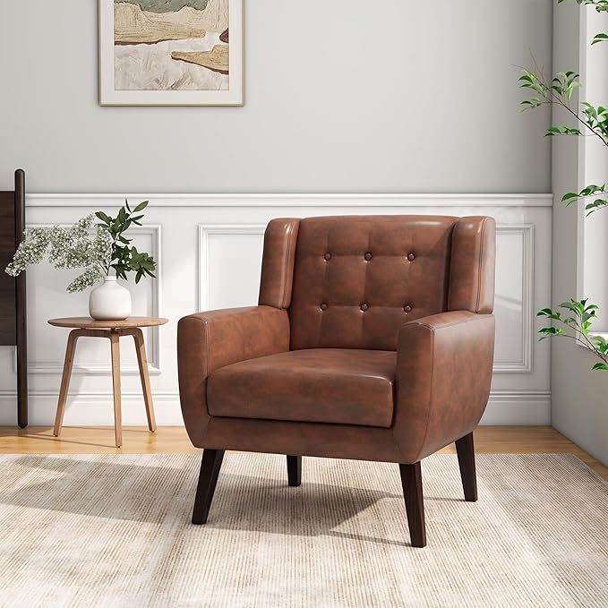 Accent Chair, Mid-Century Modern PU Leather Chairs with Arms for Living Room, Comfy Upholstered Club Single Sofa Armchair for Bedroom Waiting Room with Solid Wood Frame-Leather Coffee, Set of 1