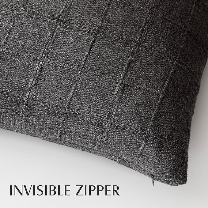 Foindtower Set of 2 Decorative Linen Check Throw Pillow Covers Neutral Farmhouse Vintage Cushion Covers Modern Boho Home Decor for Sofa Chair Couch Bedroom Living Room,18×18 Inch,Charcoal
