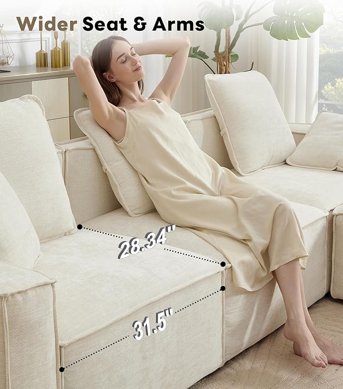 WILLOVE Modular Sectional Sofa Set, Chenille Cloud Couch with Wide Armrests & 8 Pillows, Deep Seat Couches for Living Room, 4-Seater Beige