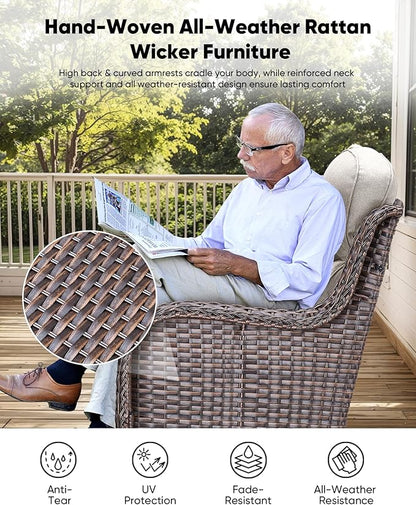 HUMMUH Wicker Patio Furniture Set with Patio Swivel Chairs Set of 4 and 50,000 BTU Fire Pit Table,6 Inch Thick Cushions High Back Outdoor Swivel Rocker Chairs Set for Porch, Balcony, Deck